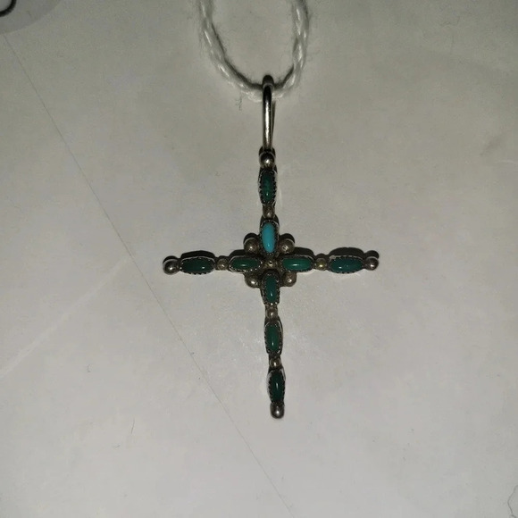 Mid Century Native Navajo Sterling Silver Petit Point Turquoise Cross Pendant